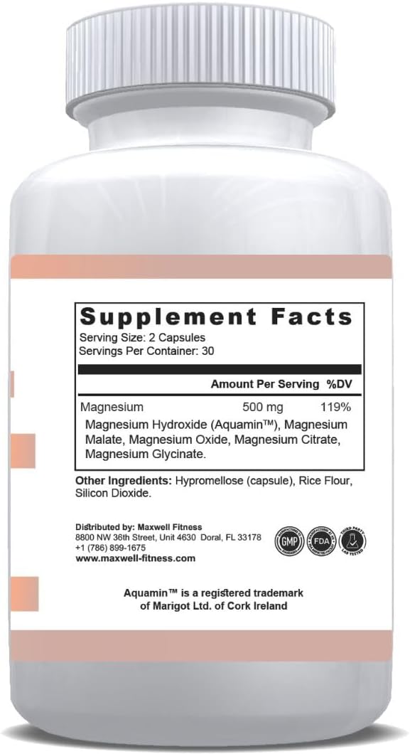 Magnesium Glycinate Supplement Complex Formulated with Aquamin, 500mg, 60 Capsules, 30 Day Supply