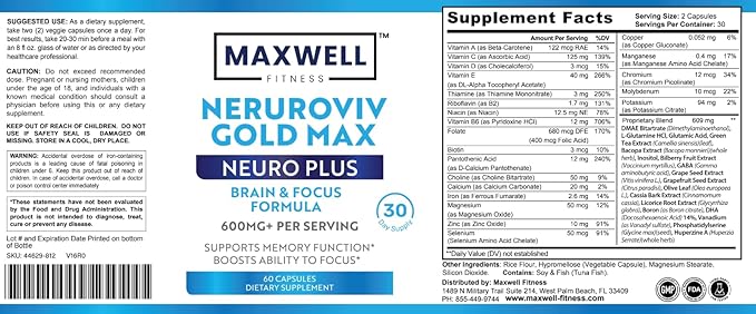 Neuroviv Gold Max Neuro Plus, Brain and Focus Formula, 600mg, 60 Capsules, 30 Day Supply