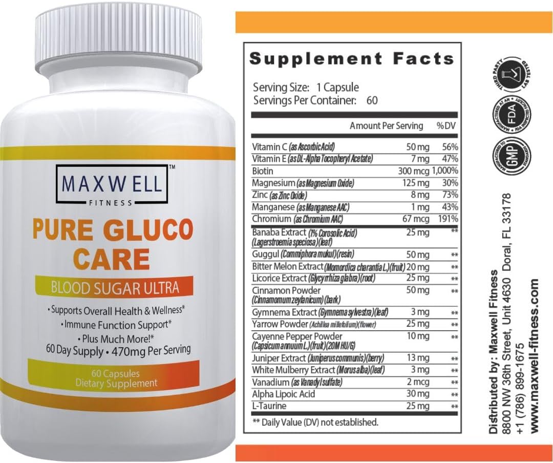 Pure Gluco Care - Made in USA - Natural Formula to Maintain Healthy Levels, Energy Management, Daily Needs Formula, Blood Balance Formulation, 60 Capsules