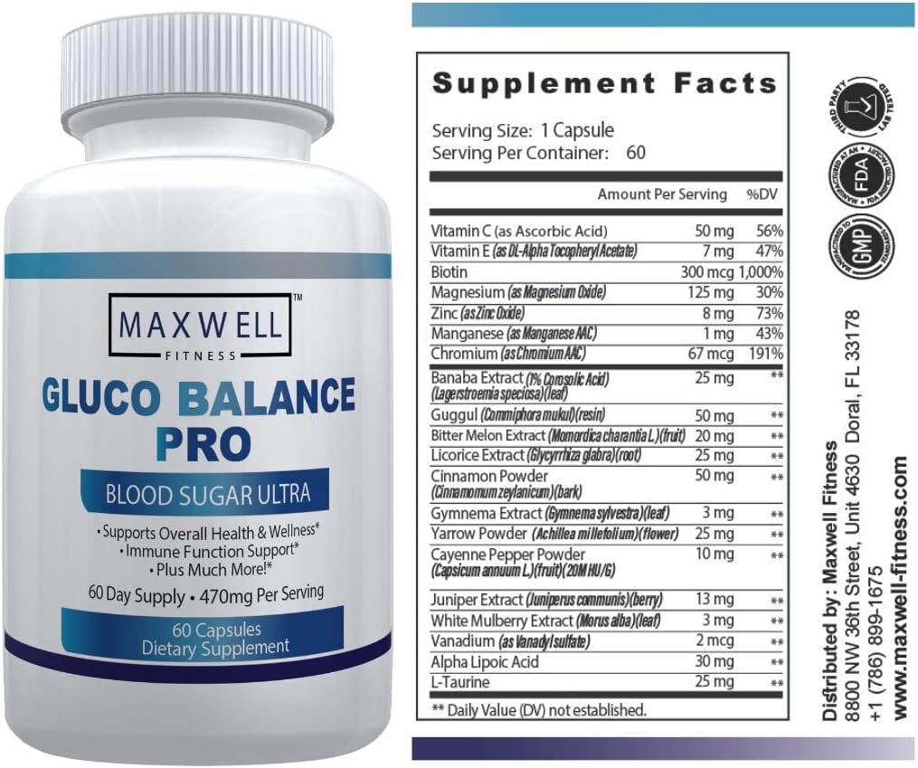 GlucoBalance Pro - Made in USA - Natural Formula to Maintain Healthy Levels, Energy Management, Daily Needs Formula, Blood Balance Formulation, 60 Capsules